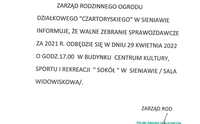 Zdjęcie główne newsa: Zawiadomienie Zarządu ROD 
