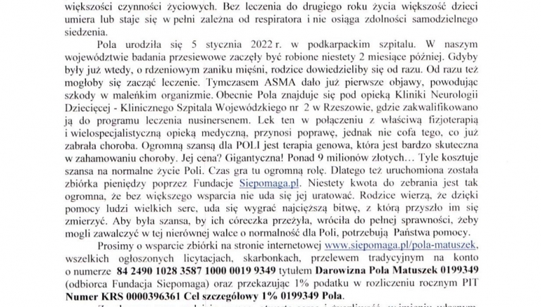 Zdjęcie główne newsa: Apel z prośbą o wsparcie w zbiórce dla Poli Matuszek