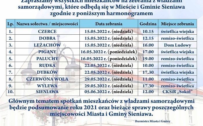 Zdjęcie główne newsa: Harmonogram zebrań władz samorządowych Miasta i Gminy Sieniawa w sołectwach i mieście Sieniawa