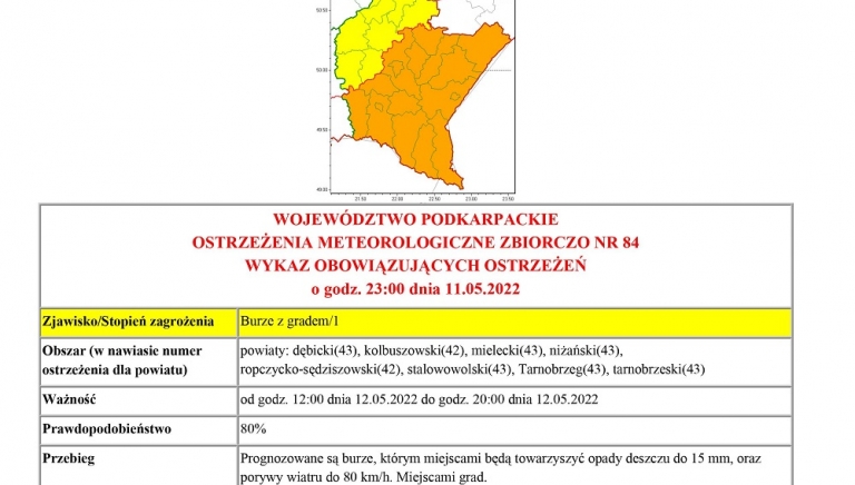 Zdjęcie główne newsa: Ostrzeżenie meteorologiczne, 12.05.2022 r.