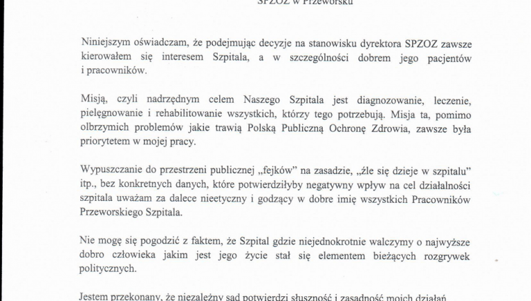 Zdjęcie główne newsa: Oświadczenie Dyrektora SPZOZ w Przeworsku i wniosek Ogólnopolskiego Związku Zawodowego Pielęgniarek i Położnych Zawodowej Organizacji Związkowej przy SPZOZ w Przeworsku