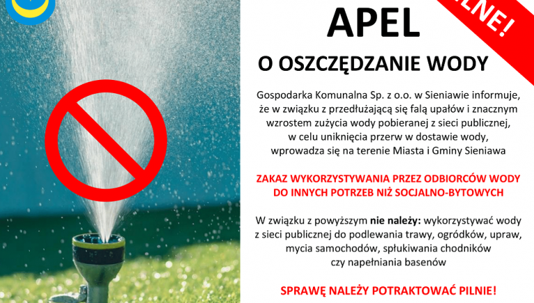 Zdjęcie główne newsa: Pilne! Apel o oszczędne korzystanie z wody