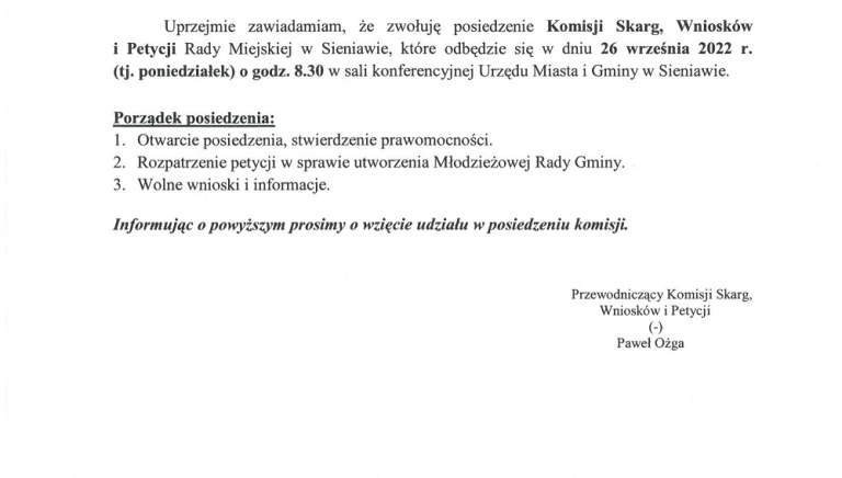 Zdjęcie główne newsa: Zawiadomienie o posiedzeniu Komisji Skarg, Wniosków i Petycji Rady Miejskiej w Sieniawie
