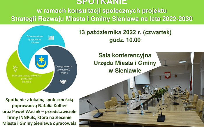 Zdjęcie główne newsa: Zapraszamy na spotkanie w ramach konsultacji społecznych projektu Strategii Rozwoju Miasta i Gminy Sieniawa na lata 2022–2030