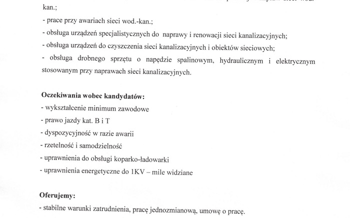 Zdjęcie główne newsa: Oferta pracy w Gospodarce Komunalnej Sp. z o.o. - konserwator sieci wodno-kanalizacyjnych