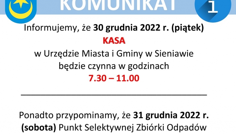 Zdjęcie główne newsa: 30 grudnia 2022 r. kasa w UMiG czynna do godz. 11.00