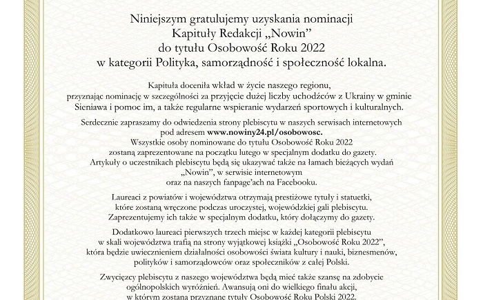 Zdjęcie główne newsa: Burmistrz Miasta i Gminy Sieniawa nominowany do tytułu Osobowość Roku 2022 w kategorii Polityka, samorządność i społeczność lokalna