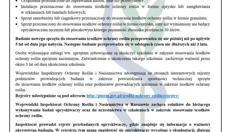 Zdjęcie główne newsa: Komunikat dotyczący obowiązku Badania Sprawności Technicznej Opryskiwaczy