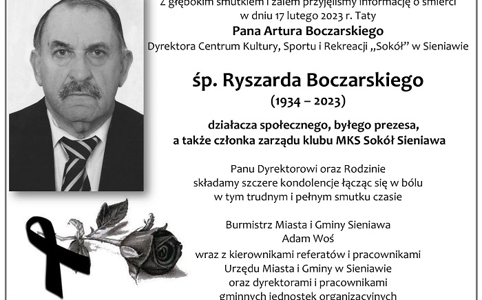 Zdjęcie główne newsa: Kondolencje. Zmarł śp. Ryszard Boczarski, ojciec Dyrektora Centrum Kultury, Sportu i Rekreacji 