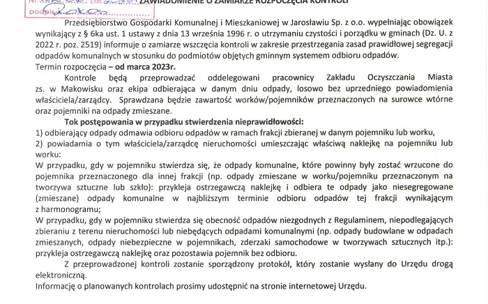 Zdjęcie główne newsa: Zawiadomienie o zamiarze rozpoczęcia kontroli przez PGKiM