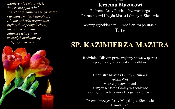Zdjęcie główne newsa: Kondolencje. Zmarł śp. Kazimierz Mazur, były naczelnik Miasta i Gminy Sieniawa