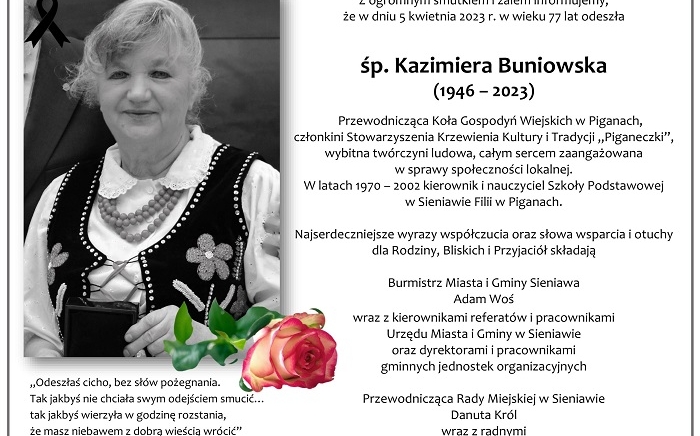 Zdjęcie główne newsa: Kondolencje. Zmarła śp. Kazimiera Buniowska, przewodnicząca KGW w Piganach
