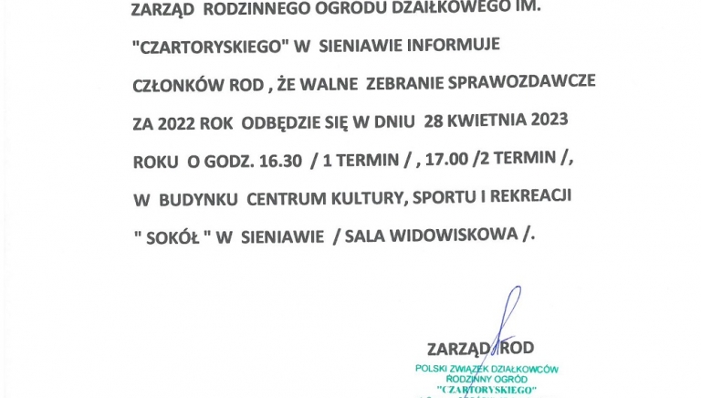 Zdjęcie główne newsa: Komunikat Zarządu Rodzinnego Ogrodu Działkowego 