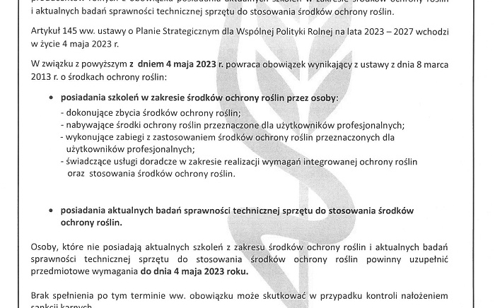 Zdjęcie główne newsa: Informacja dot. obowiązku posiadania zaświadczeń o ukończeniu szkolenia w zakresie środków ochrony roślin oraz badania sprzętu do ich stosowania