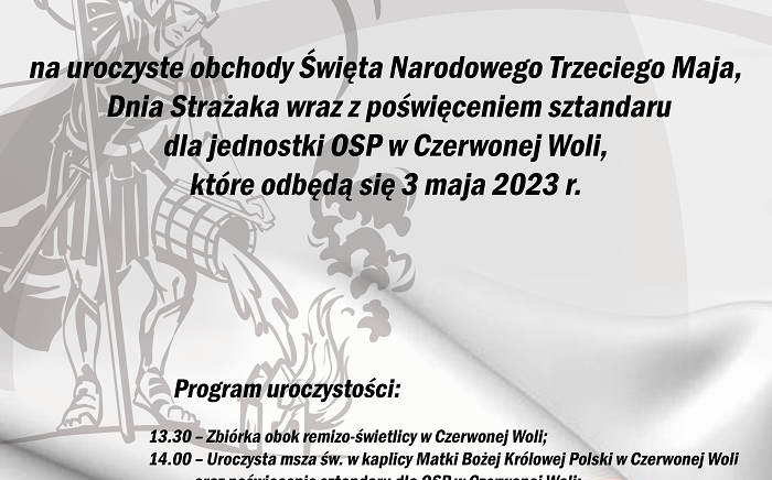 Zdjęcie główne newsa: Zapraszamy na obchody Święta Narodowego Trzeciego Maja i Dnia Strażaka do Czerwonej Woli