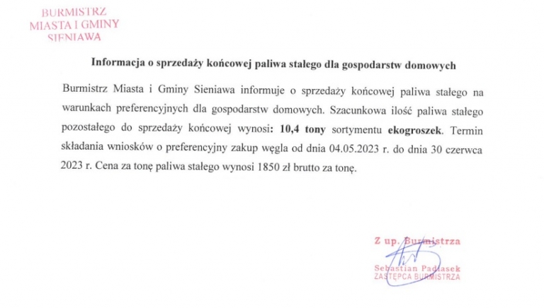 Zdjęcie główne newsa: Informacja o sprzedaży końcowej paliwa stałego dla gospodarstw domowych