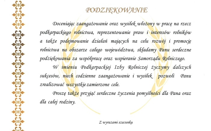 Zdjęcie główne newsa: Podziękowanie dla Burmistrza Miasta i Gminy Sieniawa Adama Wosia