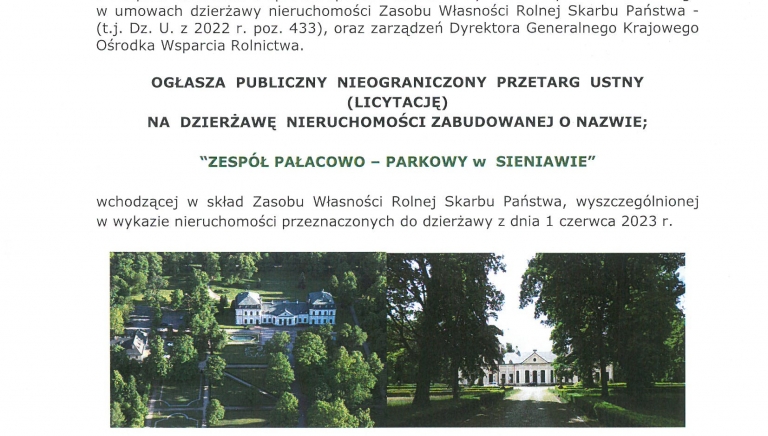 Zdjęcie główne newsa: KOWR ogłasza przetarg na dzierżawę Zespołu pałacowo-parkowego w Sieniawie