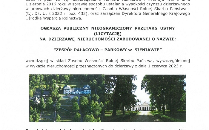 Zdjęcie główne newsa: KOWR ogłasza przetarg na dzierżawę Zespołu pałacowo-parkowego w Sieniawie