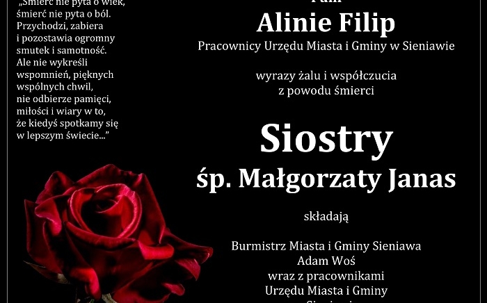 Zdjęcie główne newsa: Kondolencje. Zmarła siostra pani Aliny Filip, pracownicy Urzędu Miasta i Gminy w Sieniawie
