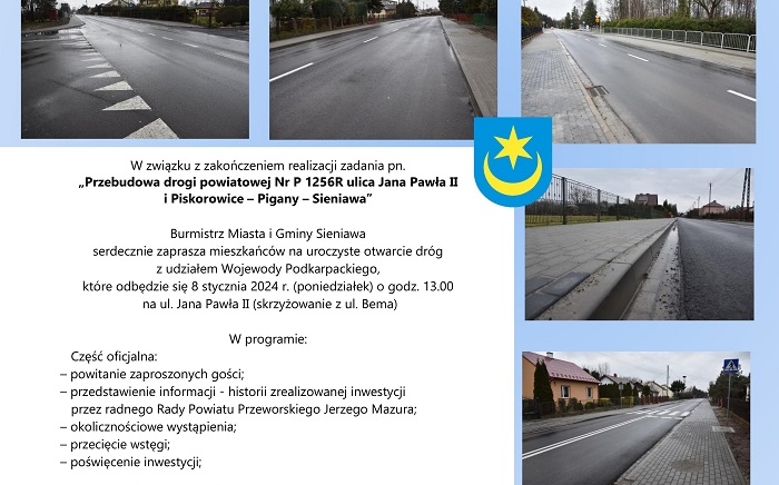 Zdjęcie główne newsa: Zaproszenie na uroczystość oddania inwestycji pn. „Przebudowa drogi powiatowej Nr P 1256R ulica Jana Pawła II i Piskorowice – Pigany – Sieniawa”