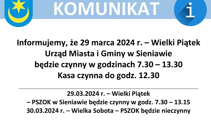 Zdjęcie główne newsa: W Wielki Piątek skrócone godziny pracy Urzędu Miasta i Gminy w Sieniawie i PSZOK