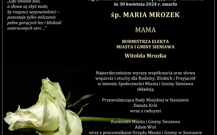 Zdjęcie główne newsa: Kondolencje. Zmarła mama Burmistrza Elekta Miasta i Gminy Sieniawa Witolda Mrozka