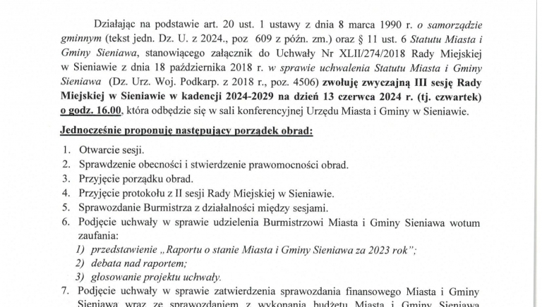 Zdjęcie główne newsa: Zawiadomienie o zwołaniu III sesji Rady Miejskiej w Sieniawie w dniu 13 czerwca 2024 r. (czwartek) o godz. 16.00.