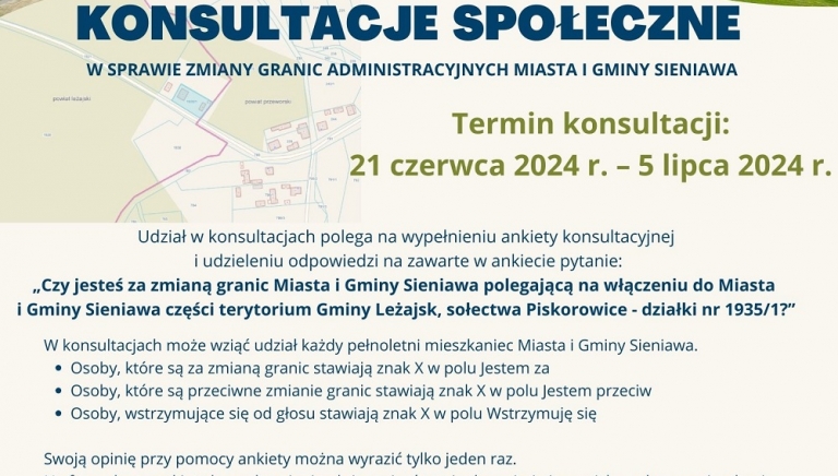 Zdjęcie główne newsa: Konsultacje społeczne w sprawie zmiany granic administracyjnych Miasta i Gminy Sieniawa