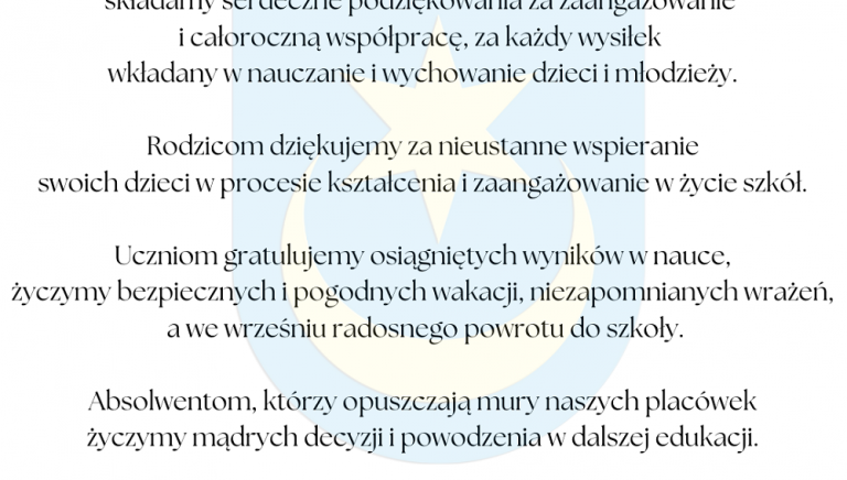 Zdjęcie główne newsa: Zakończenie roku szkolnego 2023/2024 - podziękowania i życzenia