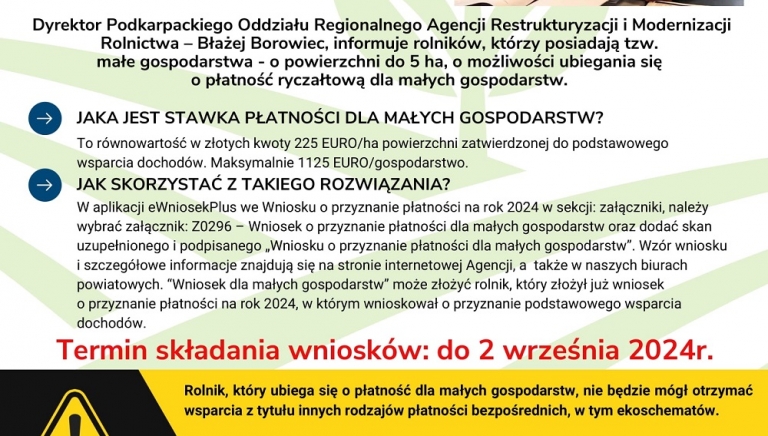 Zdjęcie główne newsa: Do 2 września trwa nabór wniosków w ramach „Płatności dla małych gospodarstw”