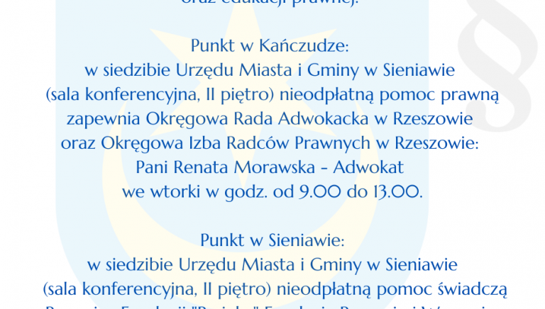 Zdjęcie główne newsa: Bezpłatne porady prawne w Mieście i Gminie Sieniawa