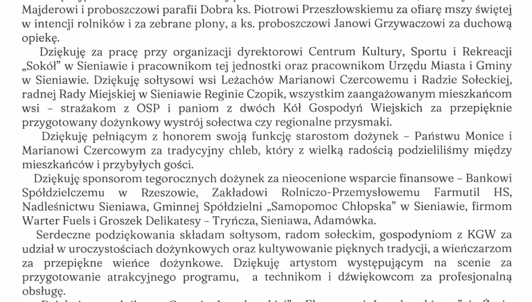 Zdjęcie główne newsa: Podziękowanie Burmistrza Miasta i Gminy Sieniawa - Miejsko-Gminne Dożynki w Leżachowie 7 września 2024 r.