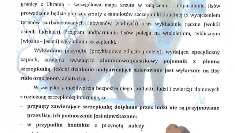 Zdjęcie główne newsa: Dodatkowa akcja doustnych szczepień lisów wolno żyjących przeciwko wściekliźnie w dniach 8 - 15 listopada 2024 r.