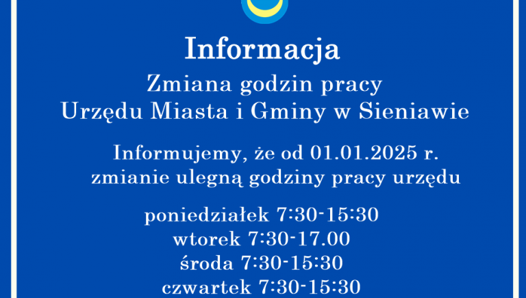 Zdjęcie główne newsa: Zmiana godzin pracy UMiG w Sieniawie