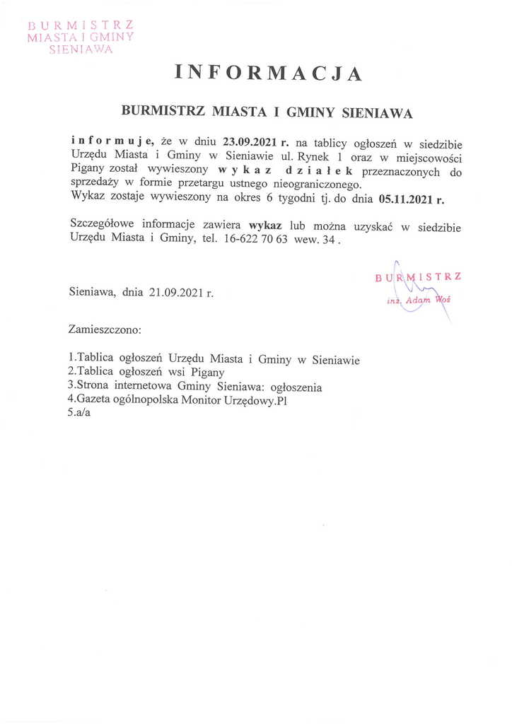 Informacja Burmistrza Miasta i Gminy Sieniawa