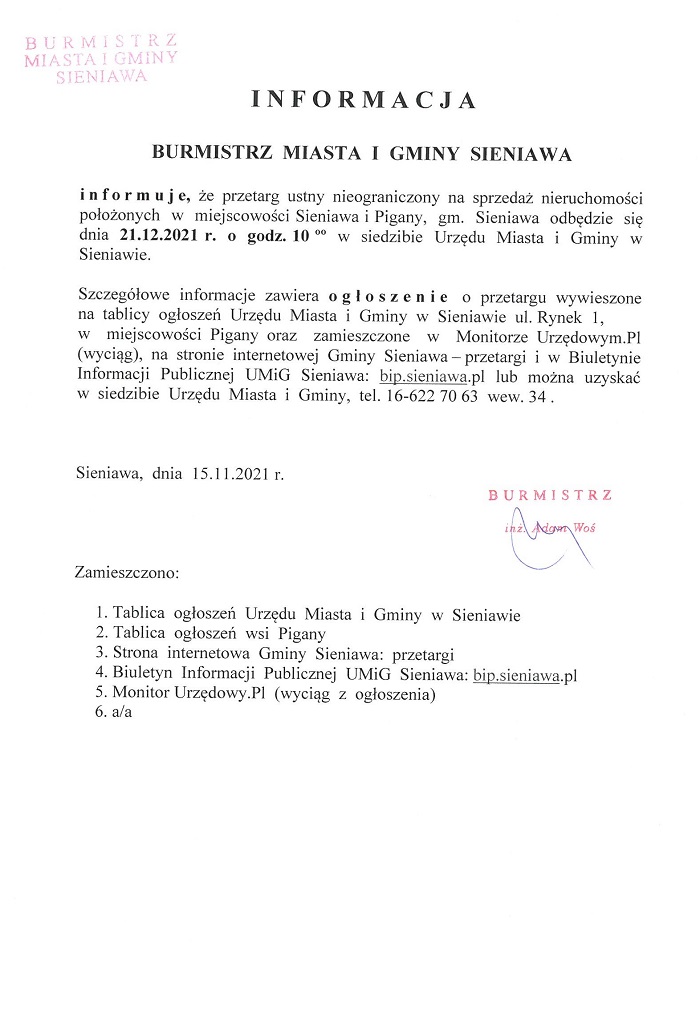 Informacja Burmistrza Miasta i Gminy Sieniawa