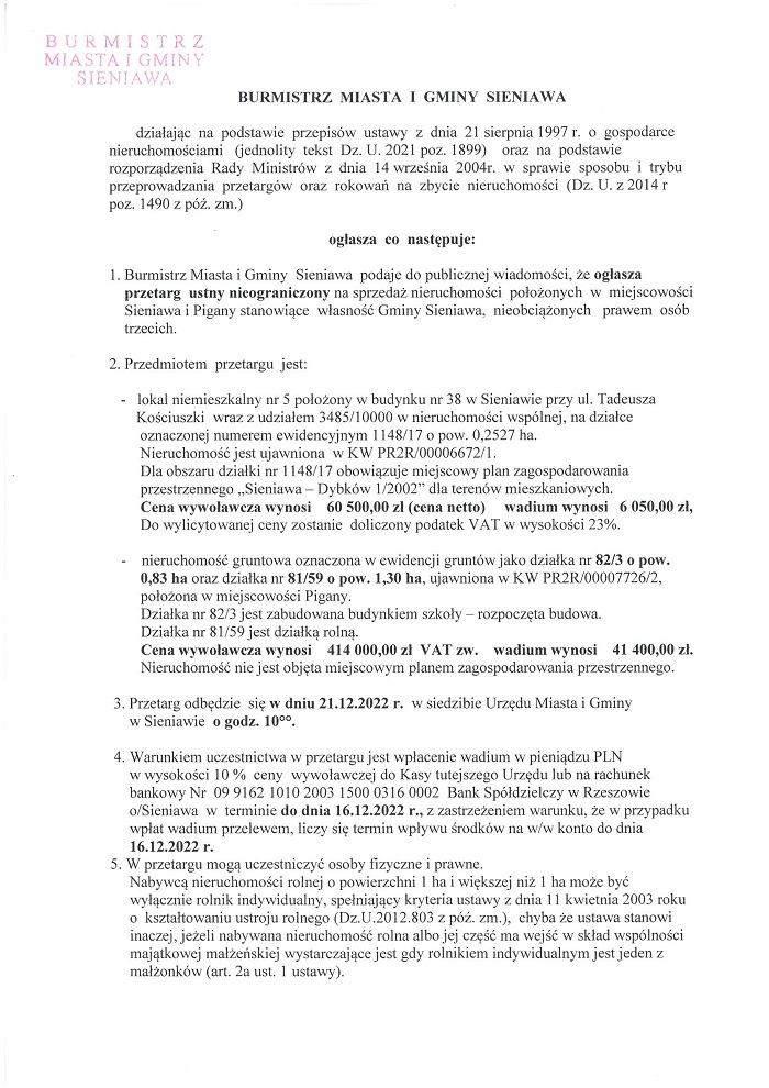 Informacja Burmistrza Miasta i Gminy Sieniawa