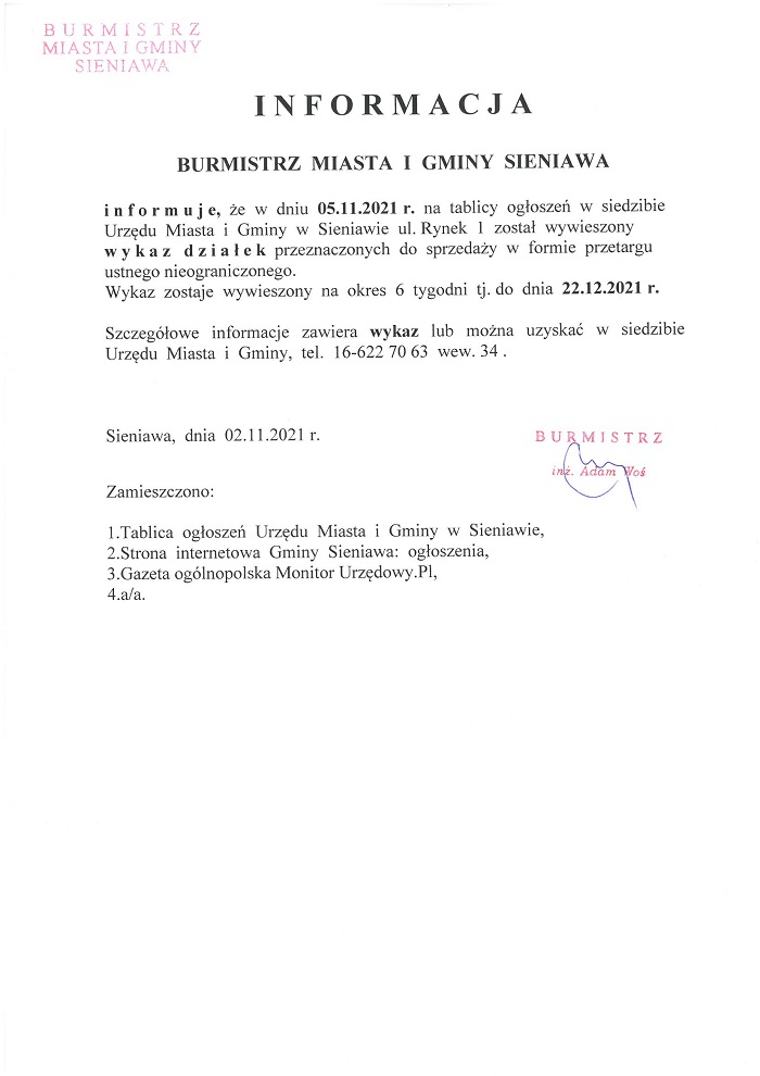 Informacja Burmistrza Miasta i Gminy Sieniawa
