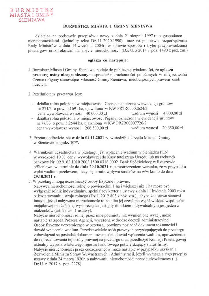 Informacja Burmistrza Miasta i Gminy Sieniawa