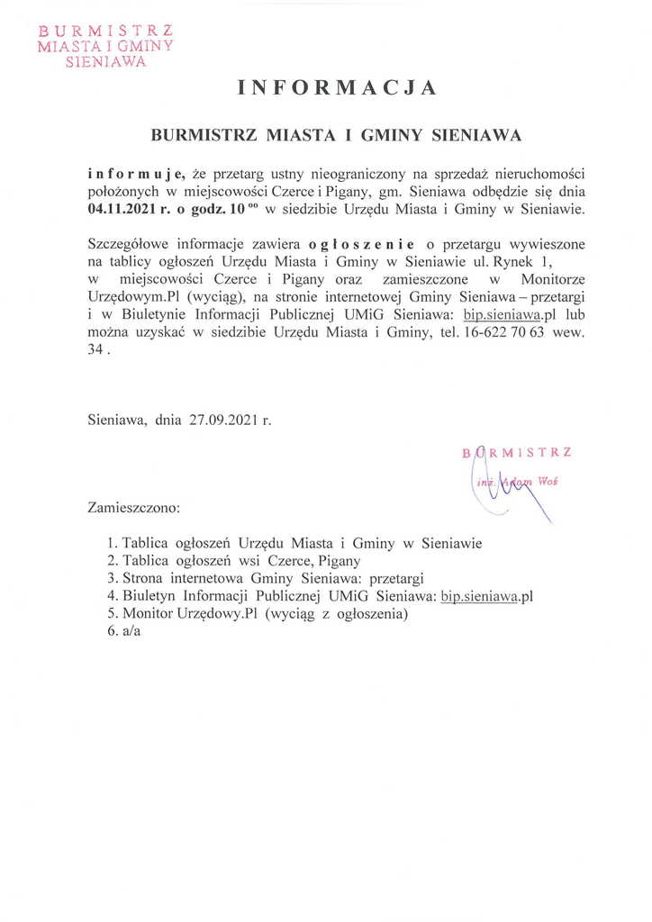 Informacja Burmistrza Miasta i Gminy Sieniawa