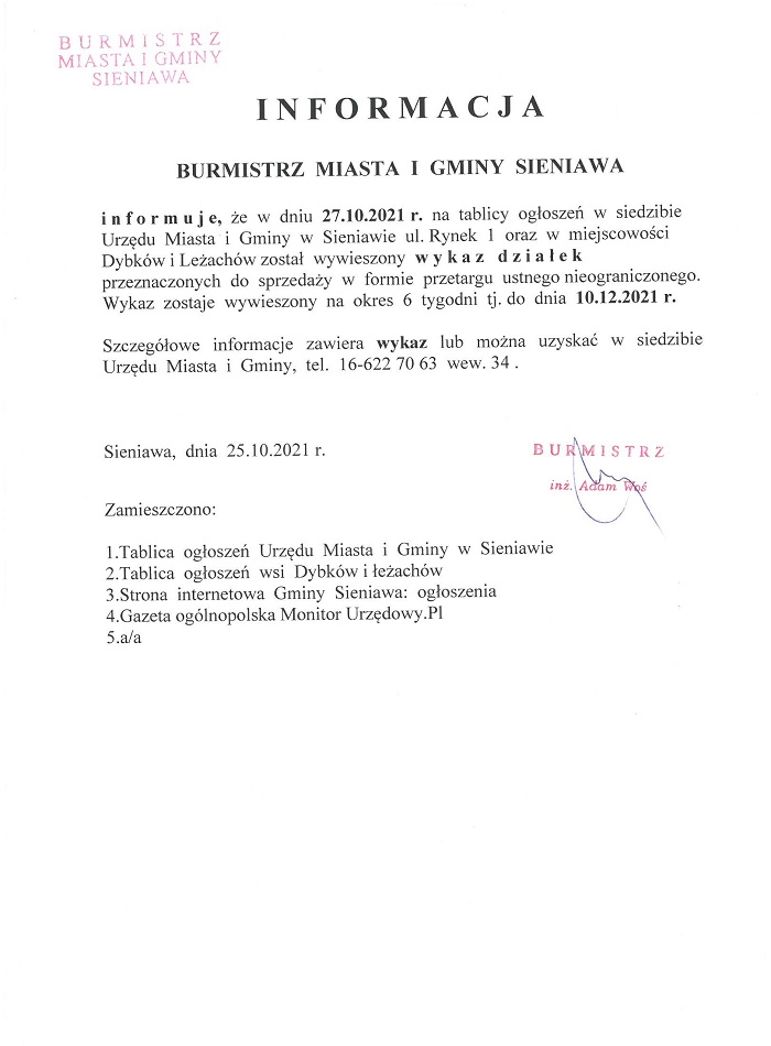 Informacja Burmistrza Miasta i Gminy Sieniawa