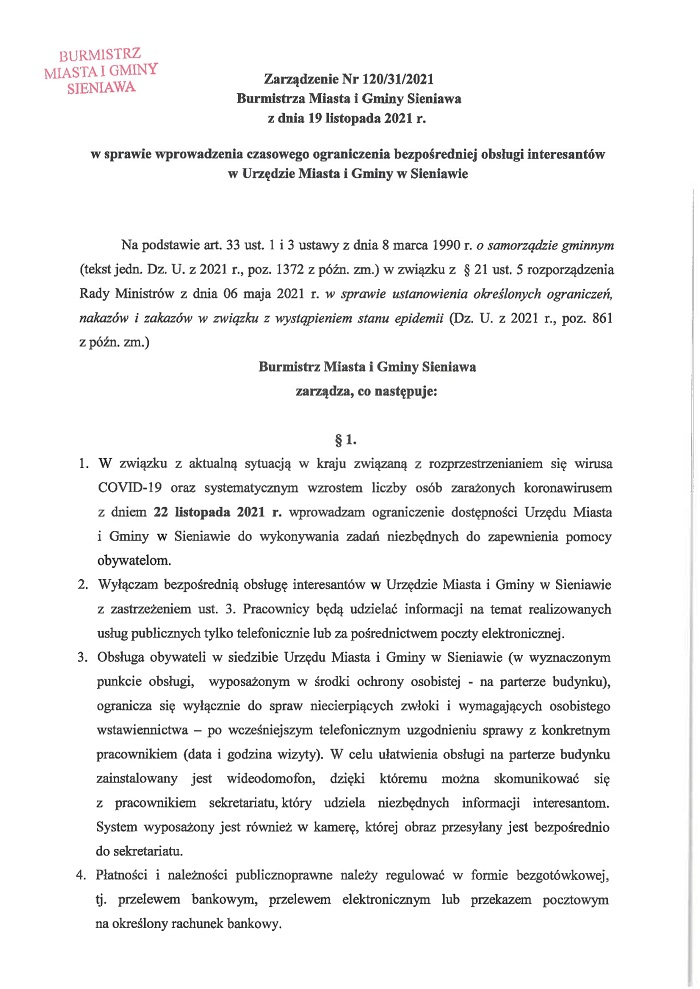 Zarządzenie Nr 120/31/2021 Burmistrza Miasta i Gminy Sieniawa z dnia 19 listopada 2021 r. w sprawie wprowadzenia czasowego ograniczenia bezpośredniej obsługi interesantów w Urzędzie Miasta i Gminy w Sieniawie