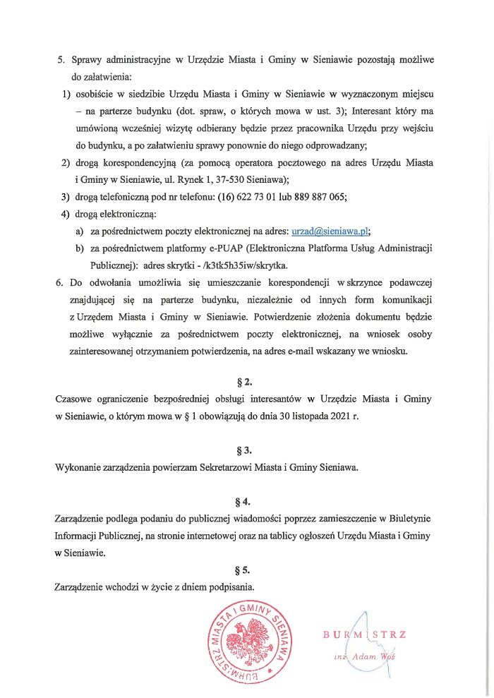Zarządzenie Nr 120/31/2021 Burmistrza Miasta i Gminy Sieniawa z dnia 19 listopada 2021 r. w sprawie wprowadzenia czasowego ograniczenia bezpośredniej obsługi interesantów w Urzędzie Miasta i Gminy w Sieniawie