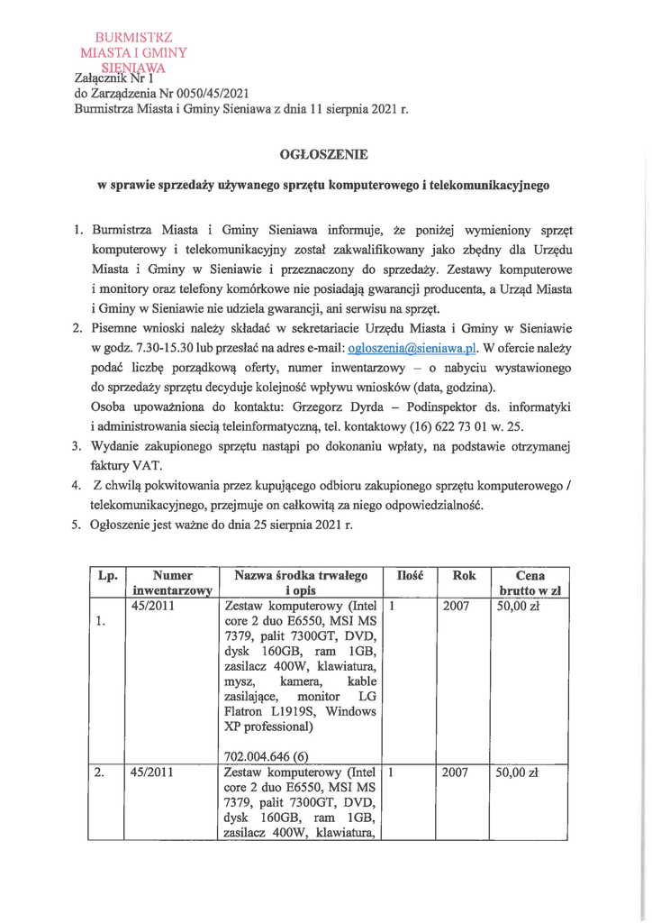 Zarządzenie Burmistrza Miasta i Gminy Sieniawa Nr 0050/45/2021