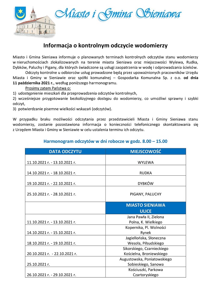 Informacja o kontrolnym odczycie wodomierzy