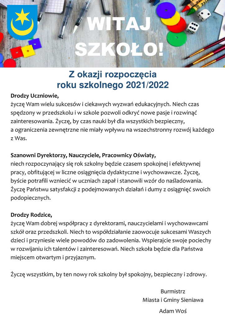Życzenia Burmistrza Miasta i Gminy Sieniawa